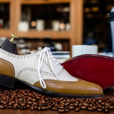 Handmade men's two tone leather lace up wing tip dress shoes - Thumbnail 2