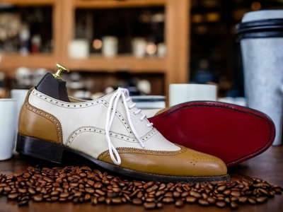 Handmade Men's Two Tone Leather Lace Up Wing Tip Dress Shoes