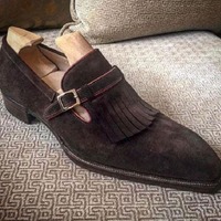 Handmade Brown Suede Fringe Singal Monk Buckle Fashion Shoes - Thumbnail 1