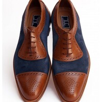 Handmade Men's Two Tone Leather & Suede Lace Up Cap Toe Fashion Shoes - Thumbnail 1