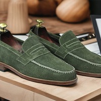Men's Green Penny Loafer Handmade Suede Fashion Shoes - Thumbnail 1