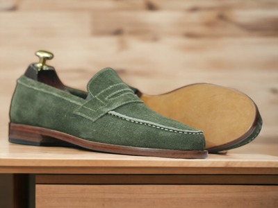 Men's Green Penny Loafer Handmade Suede Fashion Shoes