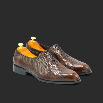 Men's fashion brown python leather lace up handmade dress shoes