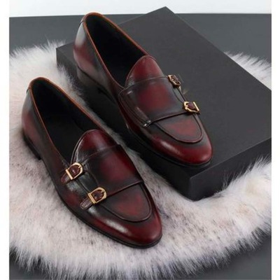 Double buckle handmade men's two tone leather slip on loafer shoes