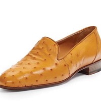 Handmade Brown Ostrich Leather Loafer Fashion Men's Shoes - Thumbnail 1