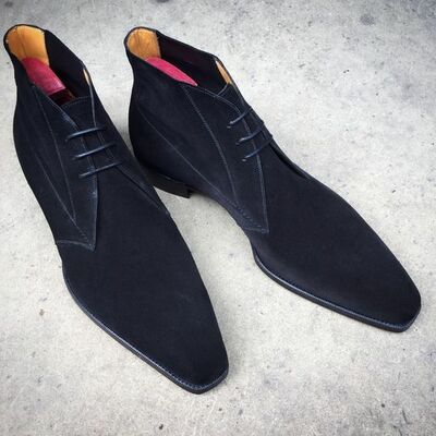 Handmade men's navy blue color chukka boots, men suede blue color laceup boots - Thumbnail 1