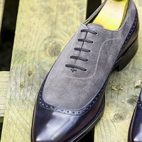 Men's Two Tone Leather & Suede Fashion Lace Up Handmade Loafer Shoes - Thumbnail 1
