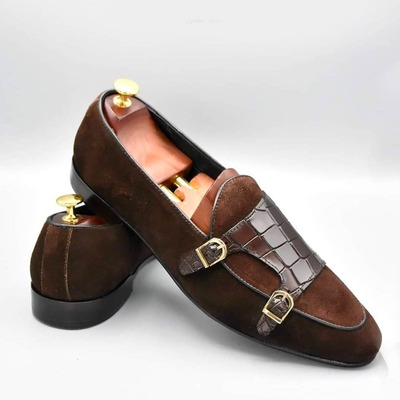 Men's brown suede double monk buckle handmade alligator print leather loafer shoes