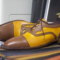 Handmade Two Tone Cap Toe Lace Up Dress Leather Shoes For Men's - Thumbnail 1