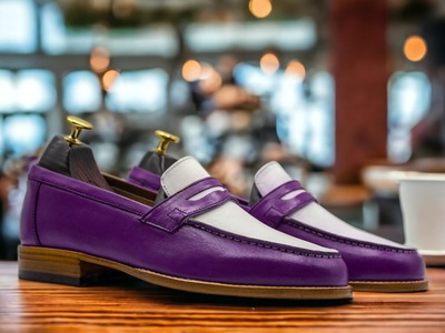 Men's Fashion Two Tone Leather Penny Handmade Loafer Shoes