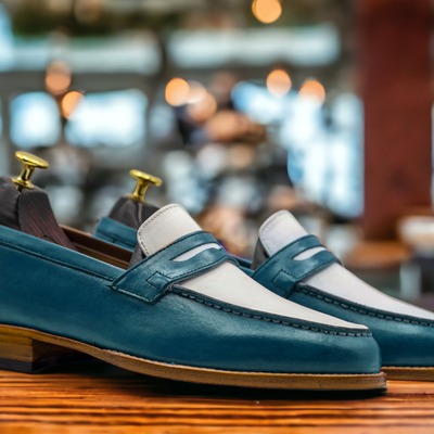 Men's fashion two tone leather penny handmade loafer shoes