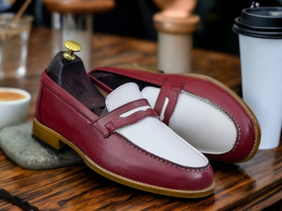 Men's Fashion Two Tone Leather Penny Handmade Loafer Shoes