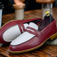 Men's Fashion Two Tone Leather Penny Handmade Loafer Shoes - Thumbnail 1