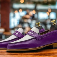 Men's Fashion Two Tone Leather Penny Handmade Loafer Shoes - Thumbnail 1