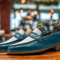 Men's Fashion Two Tone Leather Penny Handmade Loafer Shoes - Thumbnail 1