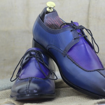 Handmade men's blue leather lace up derby dress shoes