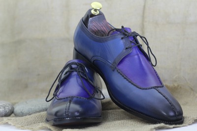 Handmade Men's Blue Leather Lace Up Derby Dress Shoes
