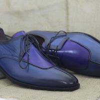 Handmade Men's Blue Leather Lace Up Derby Dress Shoes - Thumbnail 1