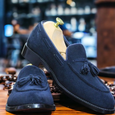 Fashion men's blue suede tussle handmade loafer shoes