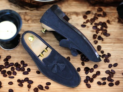 Fashion Men's Blue Suede Tussle Handmade Loafer Shoes