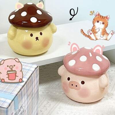 Cute pig dog ceramic milk mug with mushroom shape lid 