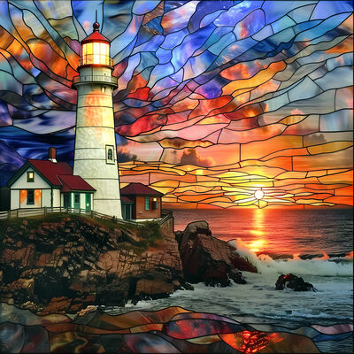 Stained glass lighthouse cross stitch pattern