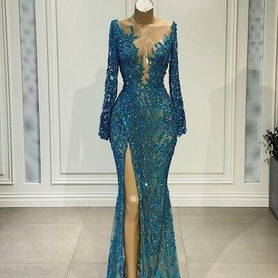 Sexy round neck mermaid long prom dress evening gown - Thumbnail 2