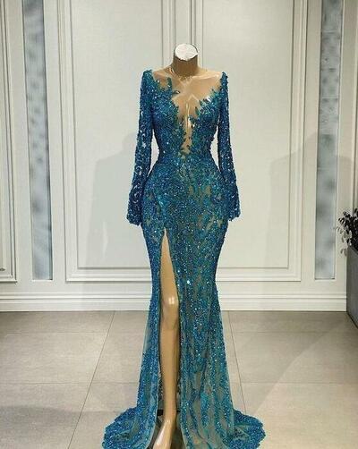 Sexy Round Neck Mermaid Long Prom Dress Evening Gown