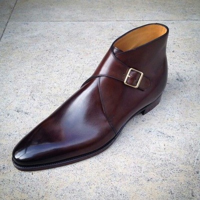 Men's brown leather singal monk buckle ankle handmade boots