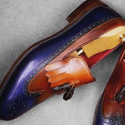 Handmade men's multi tone leather wing tip fringe tussle loafer shoes