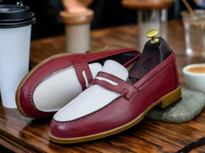 Men's Fashion Two Tone Leather Penny Handmade Loafer Shoes