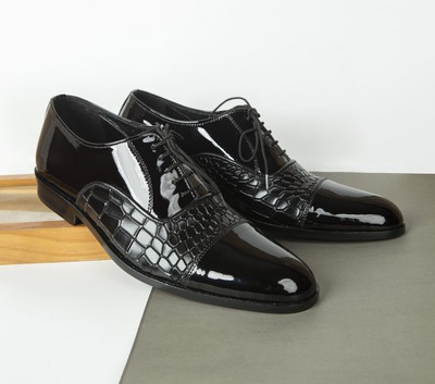 Handmade Black Leather Lace Up Cap Toe Alligator Print Fashion Dress Shoes