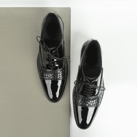 Handmade Black Leather Lace Up Cap Toe Alligator Print Fashion Dress Shoes - Thumbnail 1