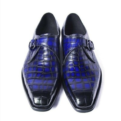 Handmad Blue Alligator Texture Burnished Toe Shoes, Men's Monk Shoes