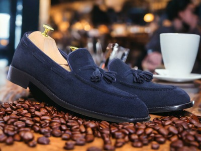 Fashion Men's Blue Suede Tussle Handmade Loafer Shoes