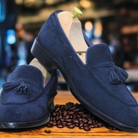 Fashion Men's Blue Suede Tussle Handmade Loafer Shoes - Thumbnail 1