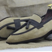 Men's Fashion Beige Suede Handmade Tassle Loafer Shoes - Thumbnail 1