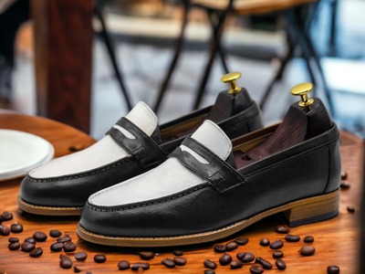 Men's Fashion Two Tone Leather Penny Handmade Loafer Shoes