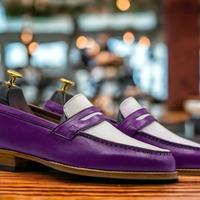 Men's Fashion Two Tone Leather Penny Handmade Loafer Shoes - Thumbnail 1