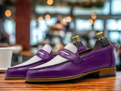 Men's Fashion Two Tone Leather Penny Handmade Loafer Shoes