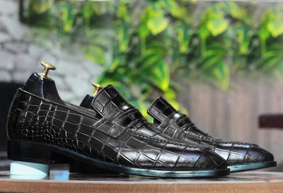 Handmade Men's Black Alligator Print Leather Penny Loafer Shoes
