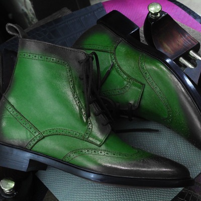 Handmade ankle high green wing tip leather men's lace up boots - Thumbnail 3