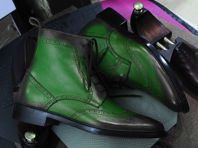 Handmade Ankle High Green Wing Tip Leather Men's Lace Up Boots
