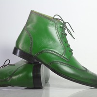 Handmade Ankle High Green Wing Tip Leather Men's Lace Up Boots - Thumbnail 1