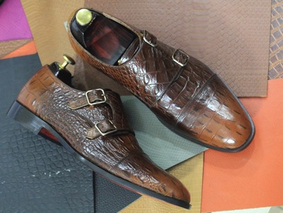 Handpainted Men's Brown Leather Cap Toe Double Buckle Alligator Print Fashion Shoes