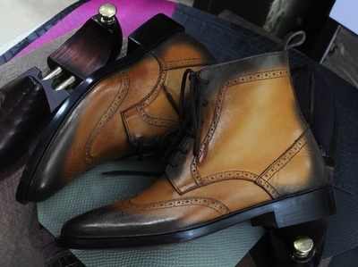 Handmade Men's Brown Leather Lace Up Wing Tip Ankle High Boots