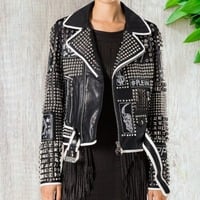 Handmade Men Silver Studded Jacket Black Silver Leather Belted Biker Jacket - Thumbnail 1