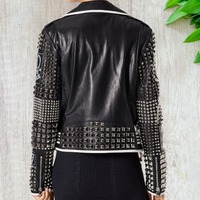 Handmade Men Silver Studded Jacket Black Silver Leather Belted Biker Jacket - Thumbnail 2