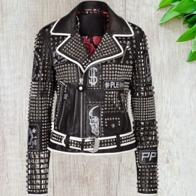 Handmade men silver studded jacket black silver leather belted biker jacket - Thumbnail 1