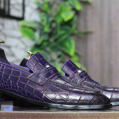 Handmade men's purple alligator print leather penny loafer shoes - Thumbnail 3